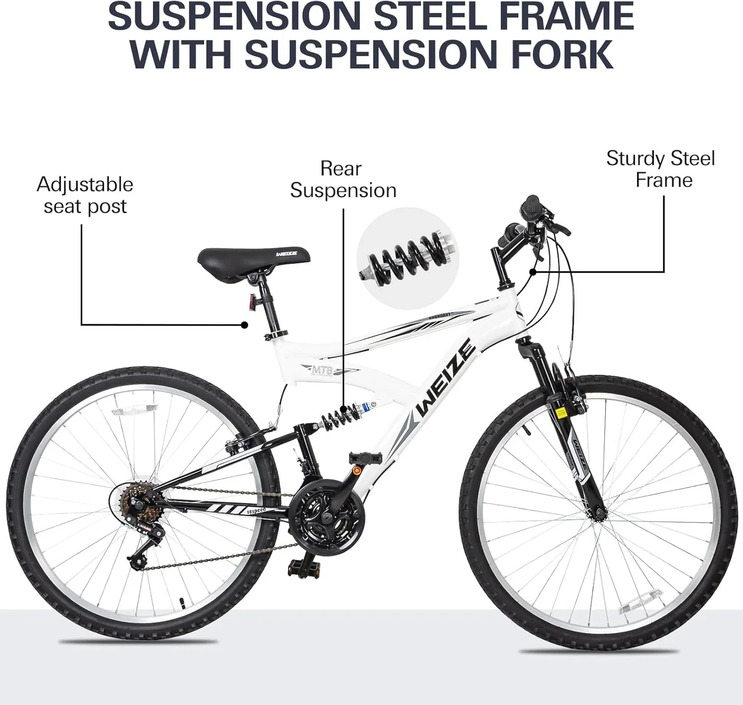 WEIZE Mountain Bike 26 27.5 inch Outdoor Hybrid Bikes 18-Speed High-Carbon Steel Full Suspension