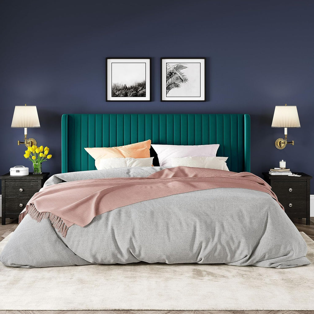 Allewie Full Size Velvet Bed Frame Vertical Channel Tufted Wingback Headboard Upholstered Bed