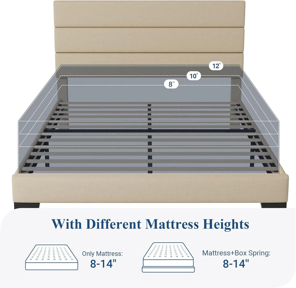 Allewie Queen Size Platform Bed Frame with Fabric Upholstered Headboard Wooden Slats Support