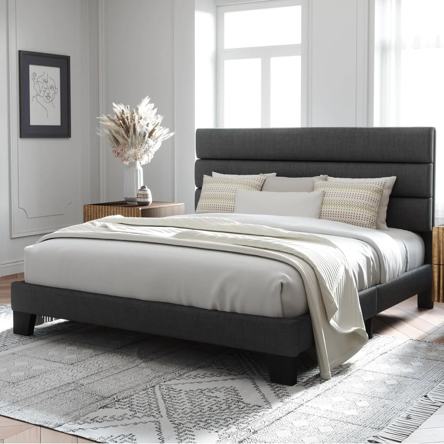 Allewie Queen Size Platform Bed Frame with Fabric Upholstered Headboard Wooden Slats Support