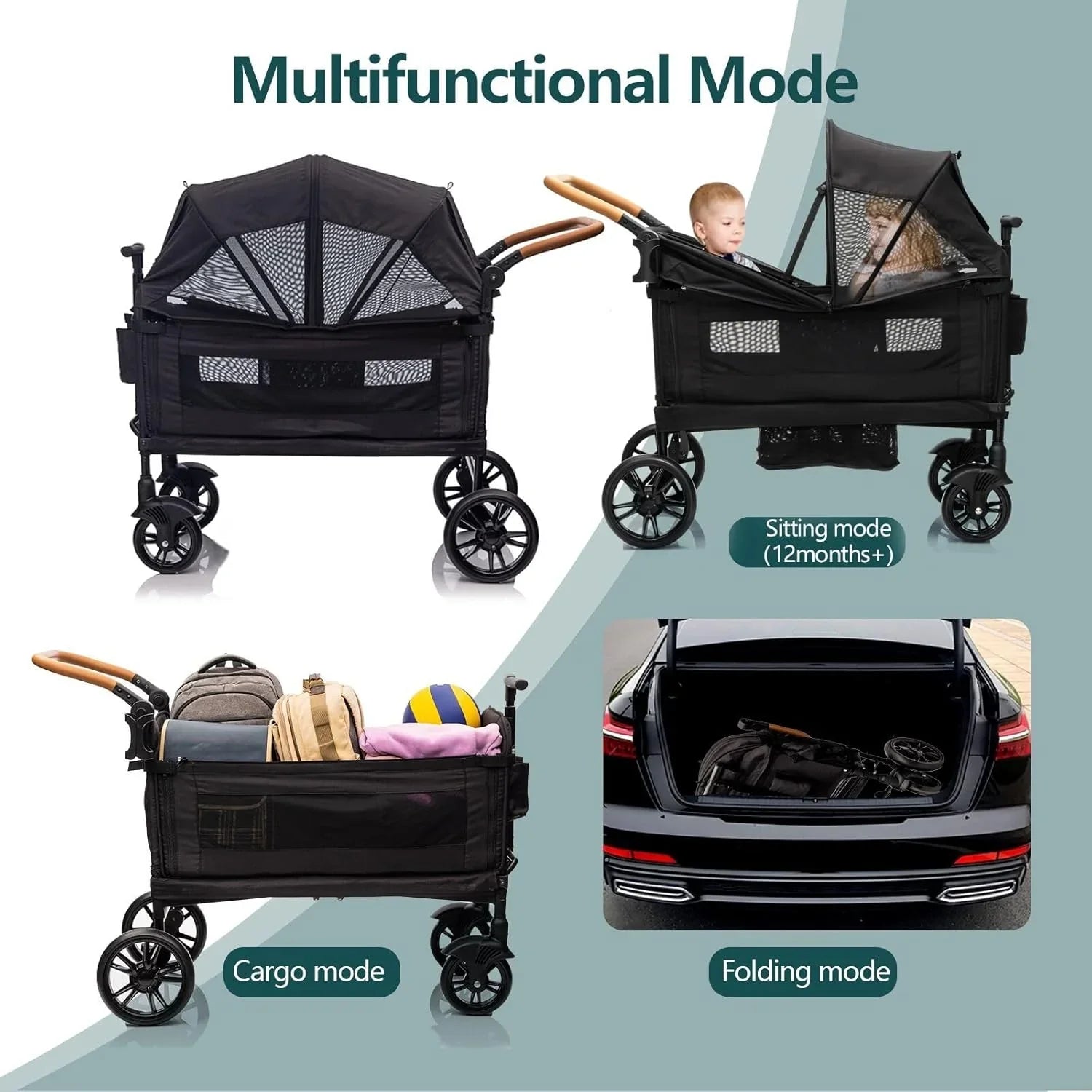 Wagon Stroller for 2 Kids Cargo-Travel Stroller Push-Pull Double Wagon Lightweight Folding Stroller