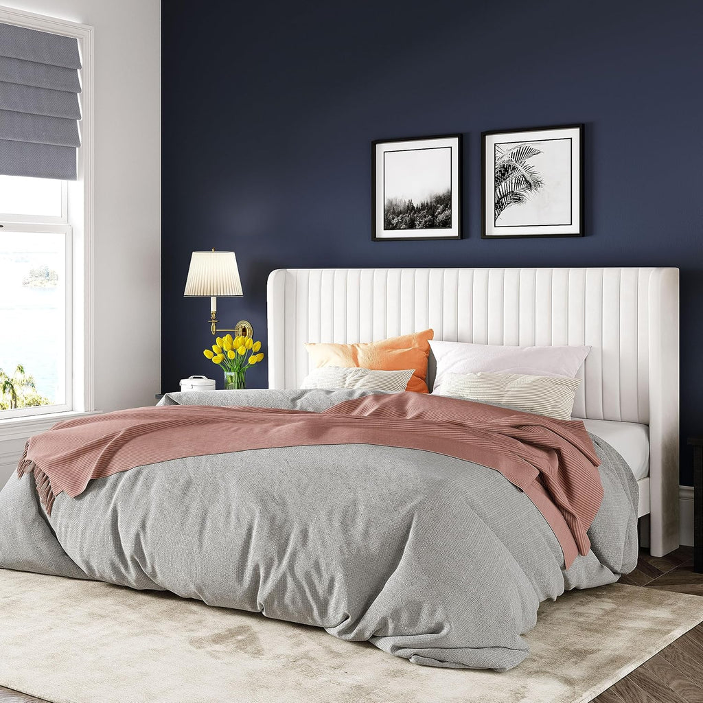 Allewie Full Size Velvet Bed Frame Vertical Channel Tufted Wingback Headboard Upholstered Bed