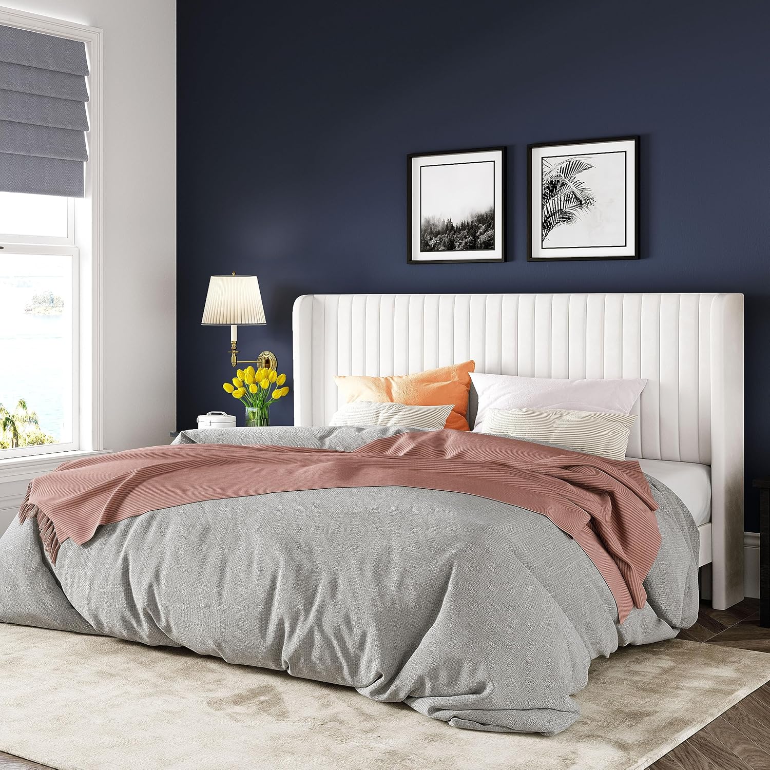 Allewie Full Size Velvet Bed Frame Vertical Channel Tufted Wingback Headboard Upholstered Bed