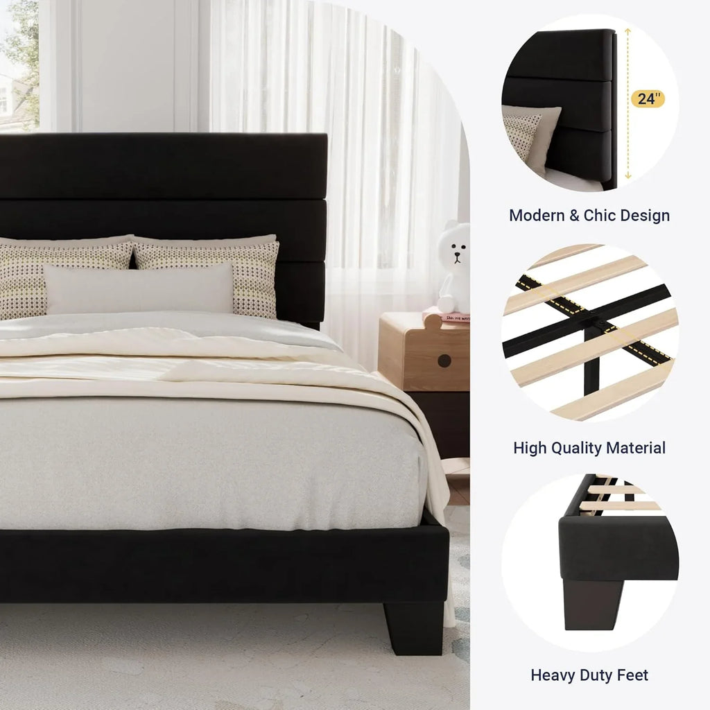 Allewie Queen Size Platform Bed Frame with Fabric Upholstered Headboard Wooden Slats Support