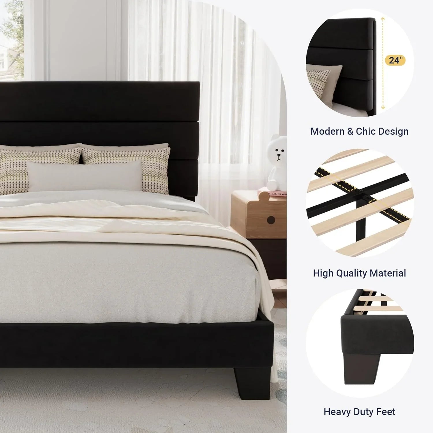 Allewie Queen Size Platform Bed Frame with Fabric Upholstered Headboard Wooden Slats Support