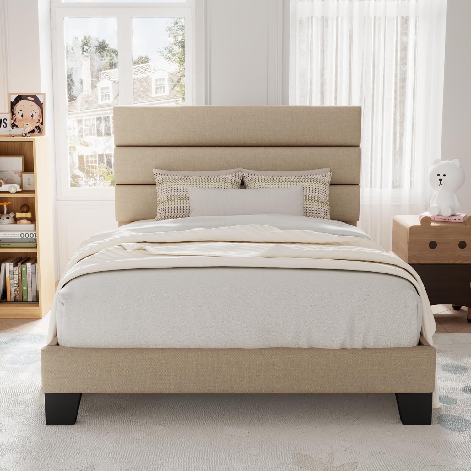 Allewie Queen Size Platform Bed Frame with Fabric Upholstered Headboard Wooden Slats Support