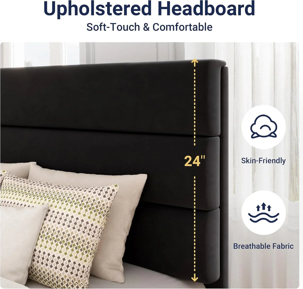 Allewie Queen Size Platform Bed Frame with Fabric Upholstered Headboard Wooden Slats Support