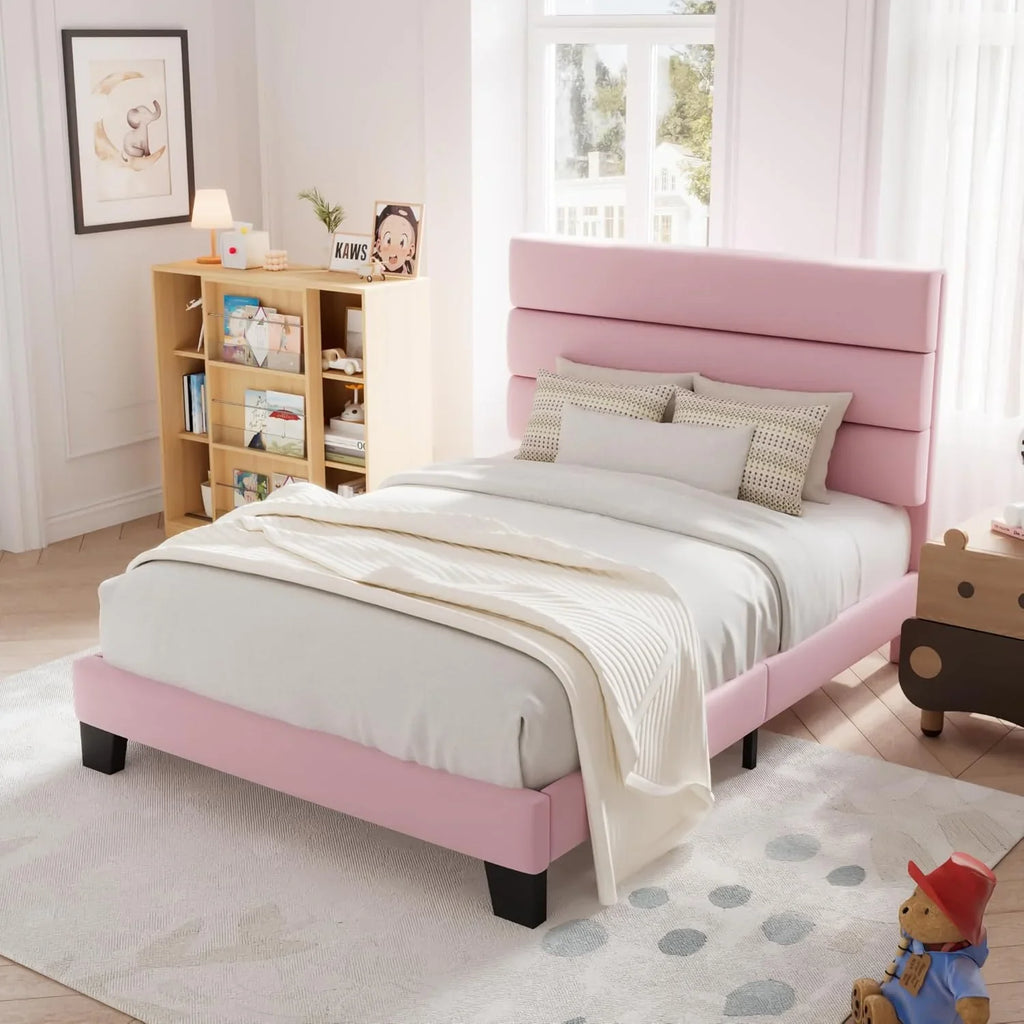 Allewie Queen Size Platform Bed Frame with Fabric Upholstered Headboard Wooden Slats Support