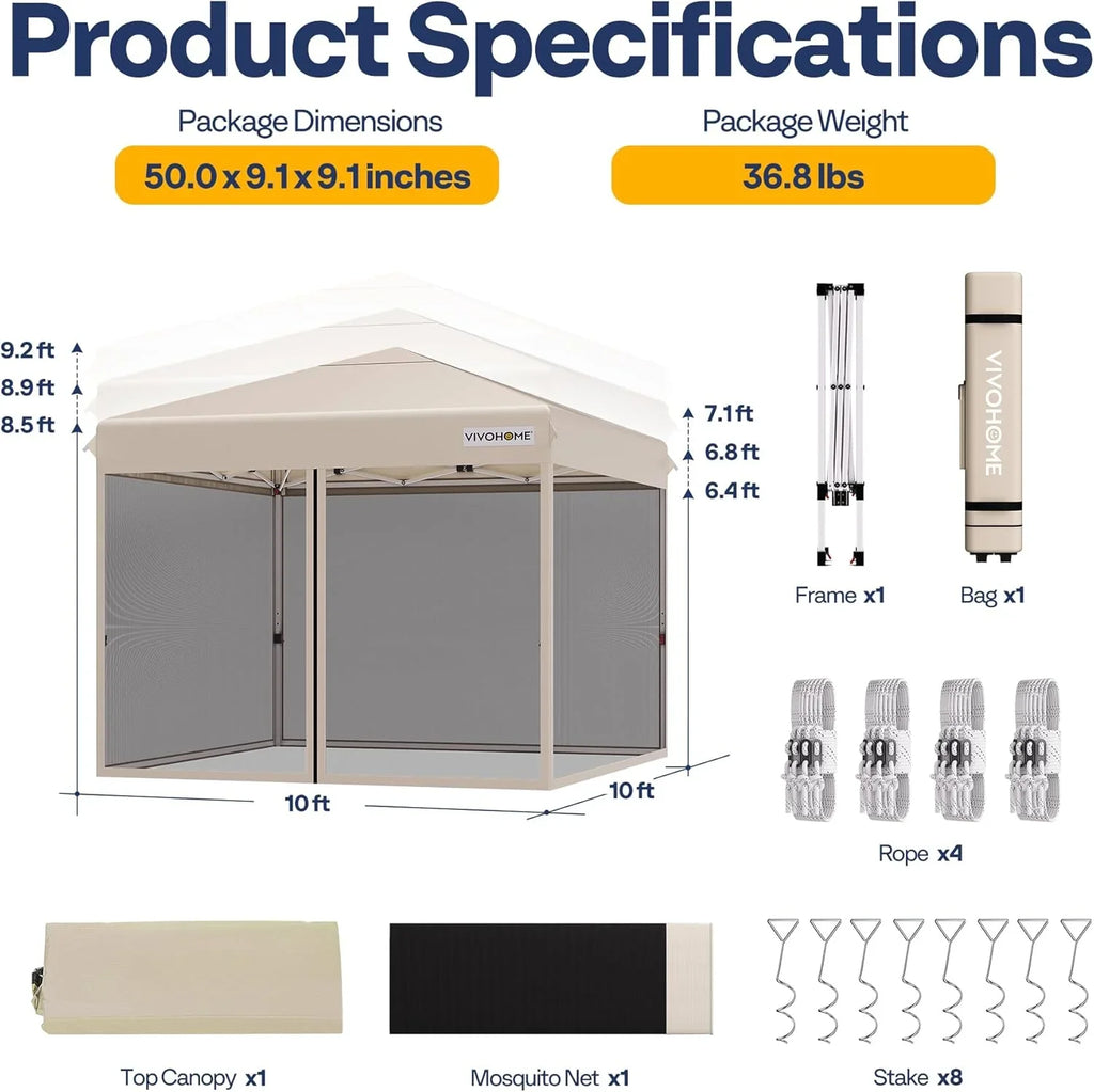 10x10ft Easy Pop-Up Canopy Outdoor Screen Tent with Mosquito Netting 2 Zipper Doors Roller Bag
