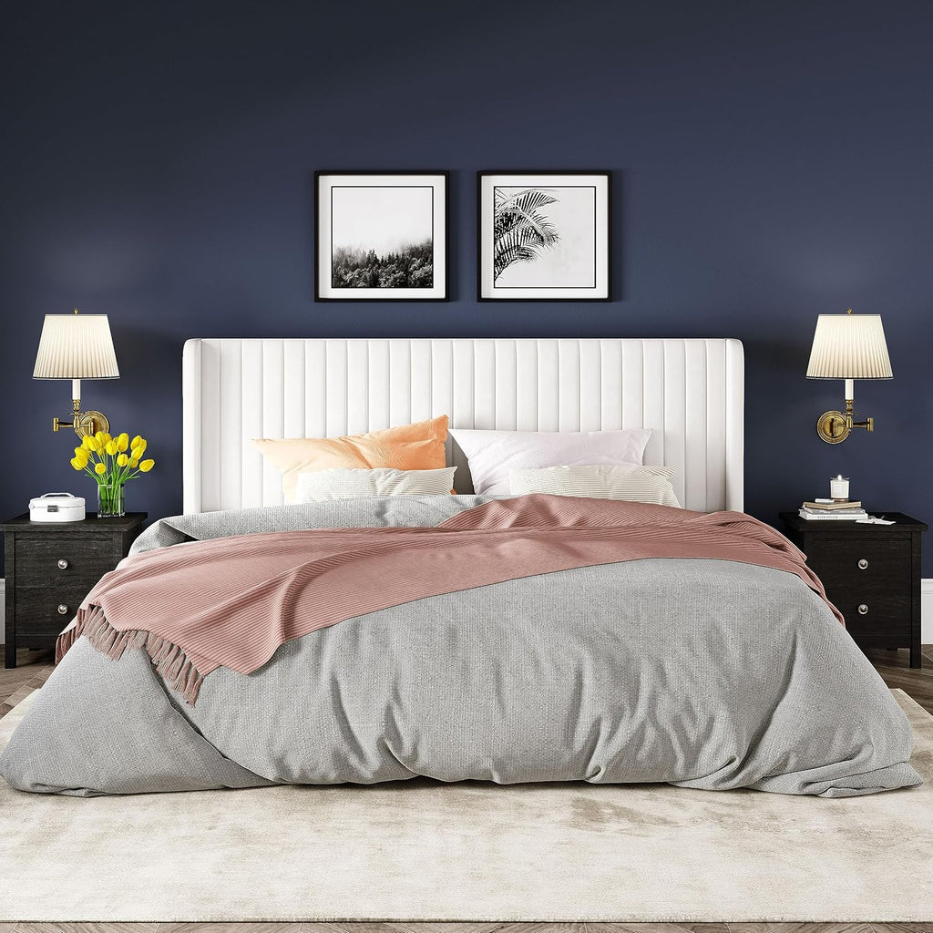 Allewie Full Size Velvet Bed Frame Vertical Channel Tufted Wingback Headboard Upholstered Bed