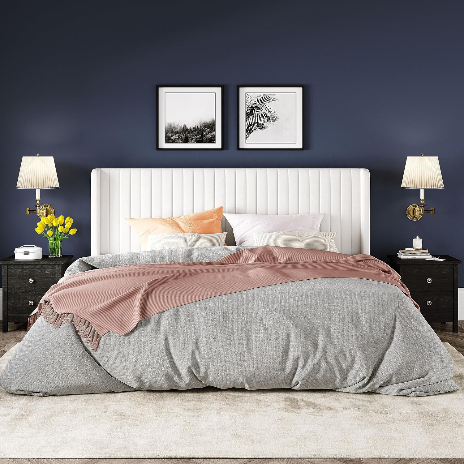 Allewie Full Size Velvet Bed Frame Vertical Channel Tufted Wingback Headboard Upholstered Bed