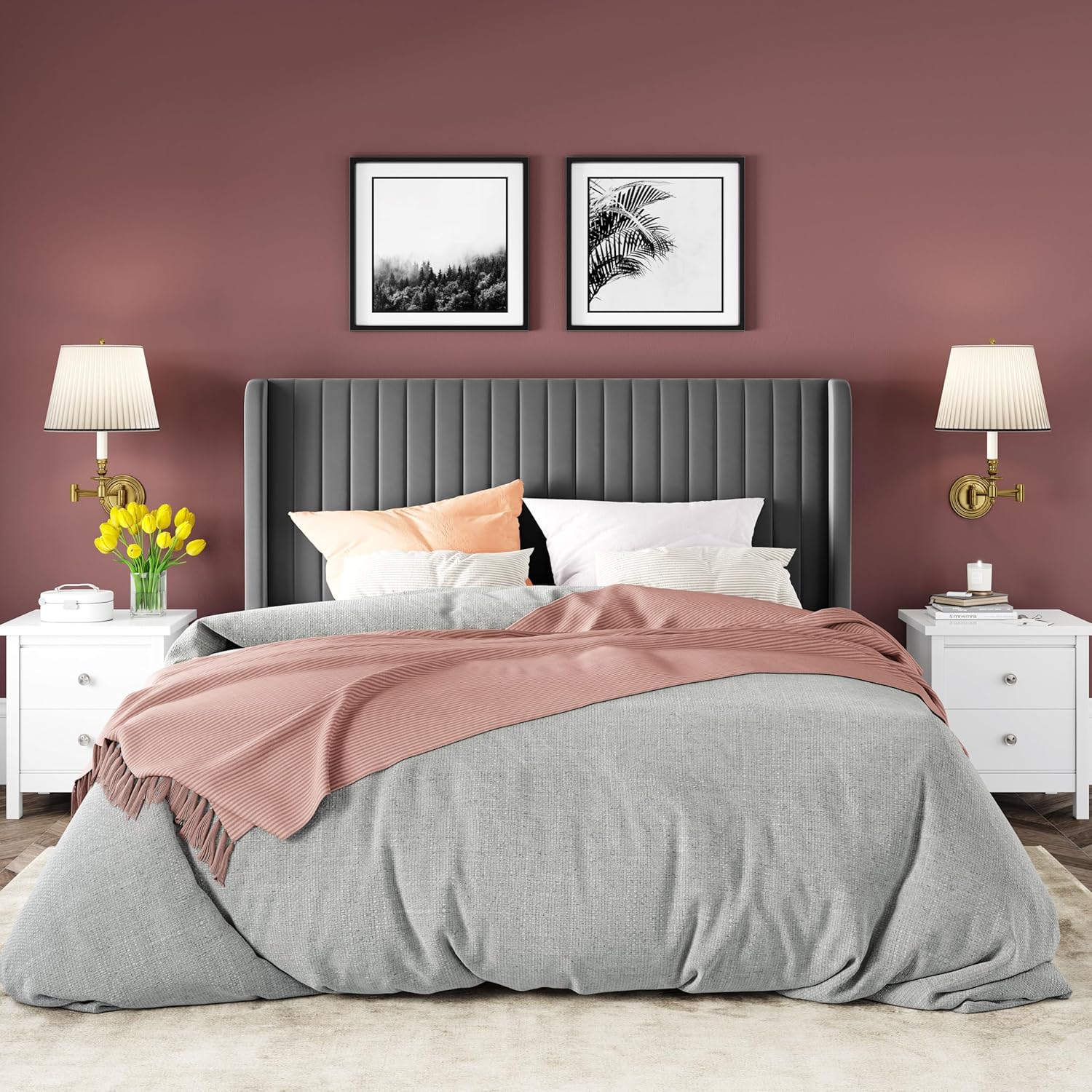 Allewie Full Size Velvet Bed Frame Vertical Channel Tufted Wingback Headboard Upholstered Bed