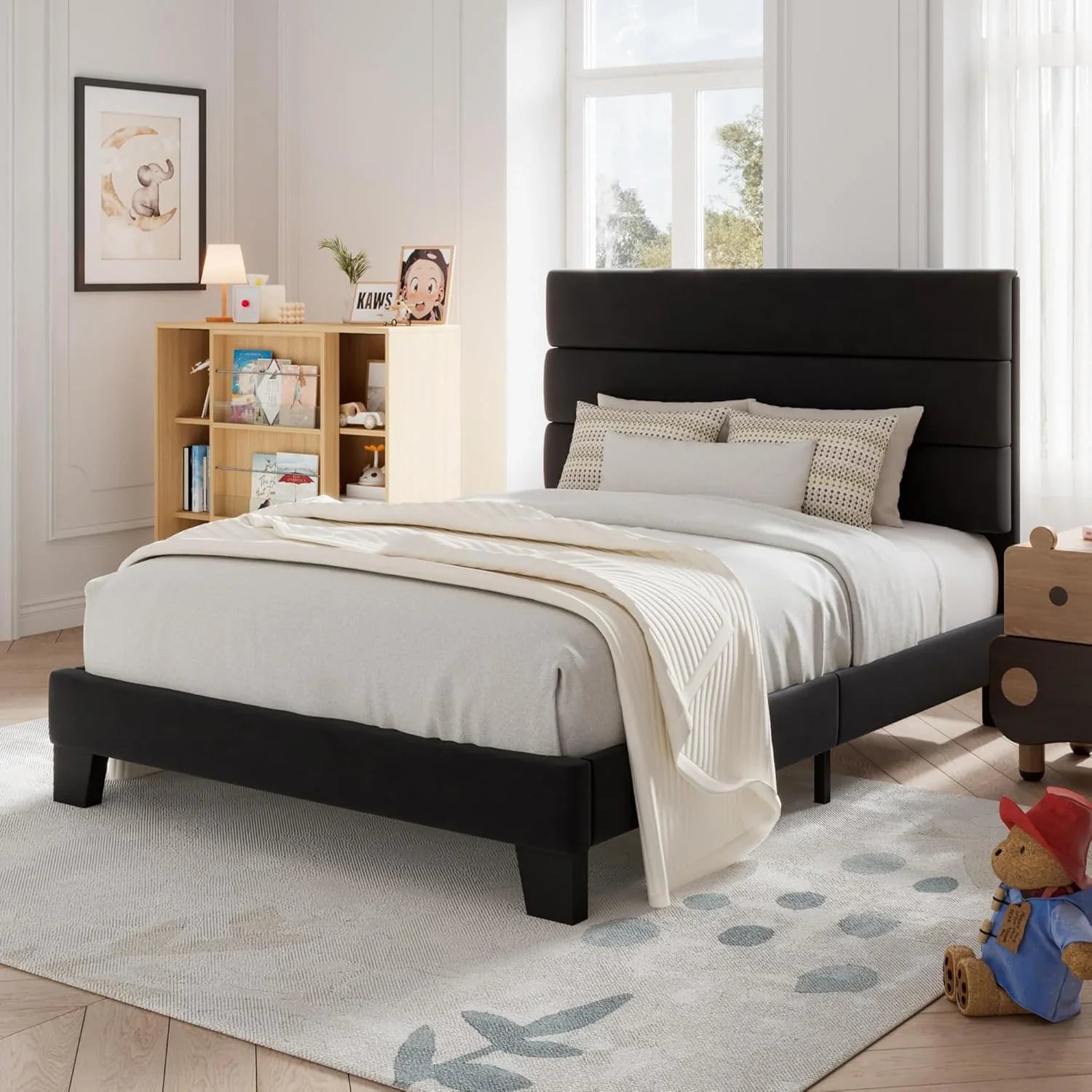 Allewie Queen Size Platform Bed Frame with Fabric Upholstered Headboard Wooden Slats Support