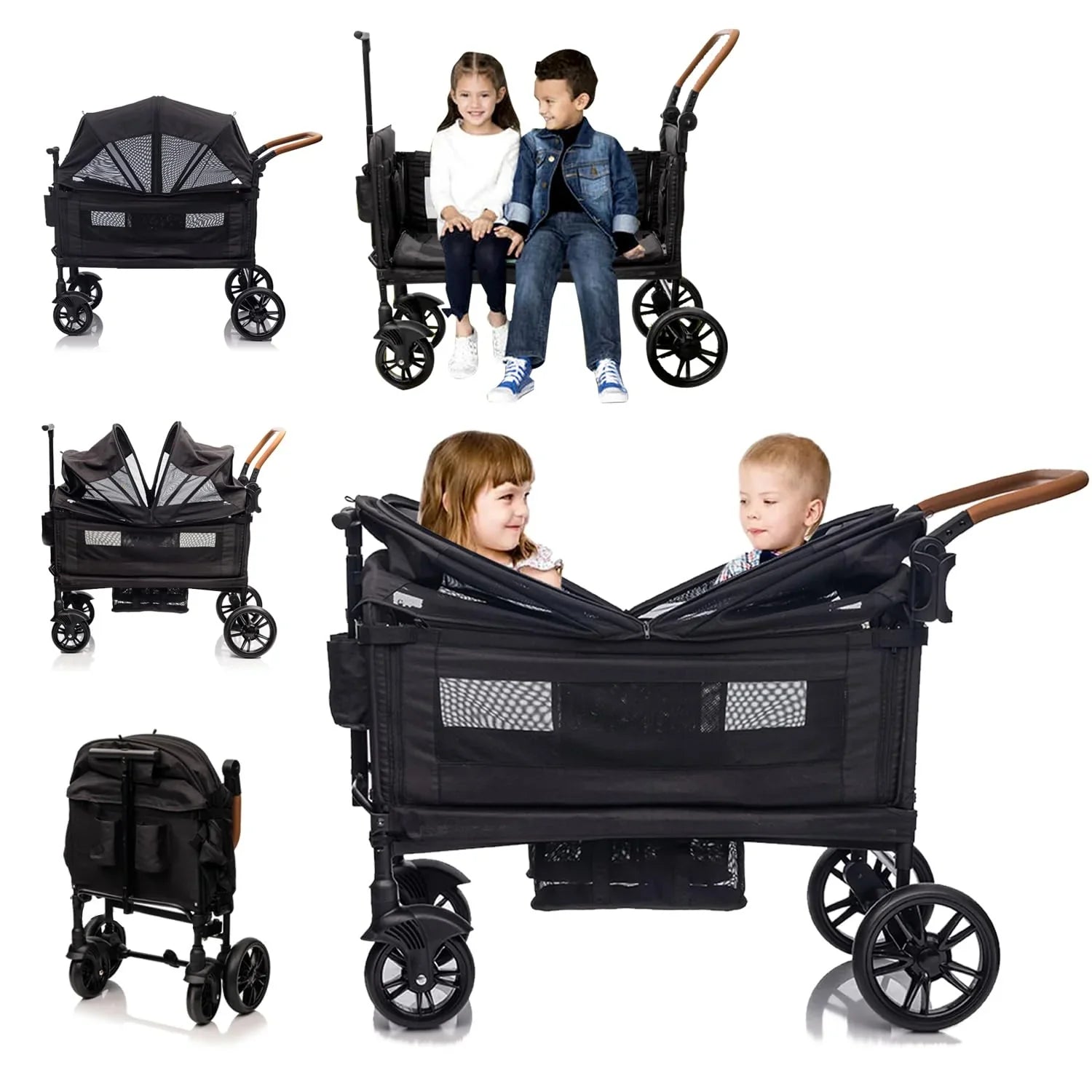 Wagon Stroller for 2 Kids Cargo-Travel Stroller Push-Pull Double Wagon Lightweight Folding Stroller