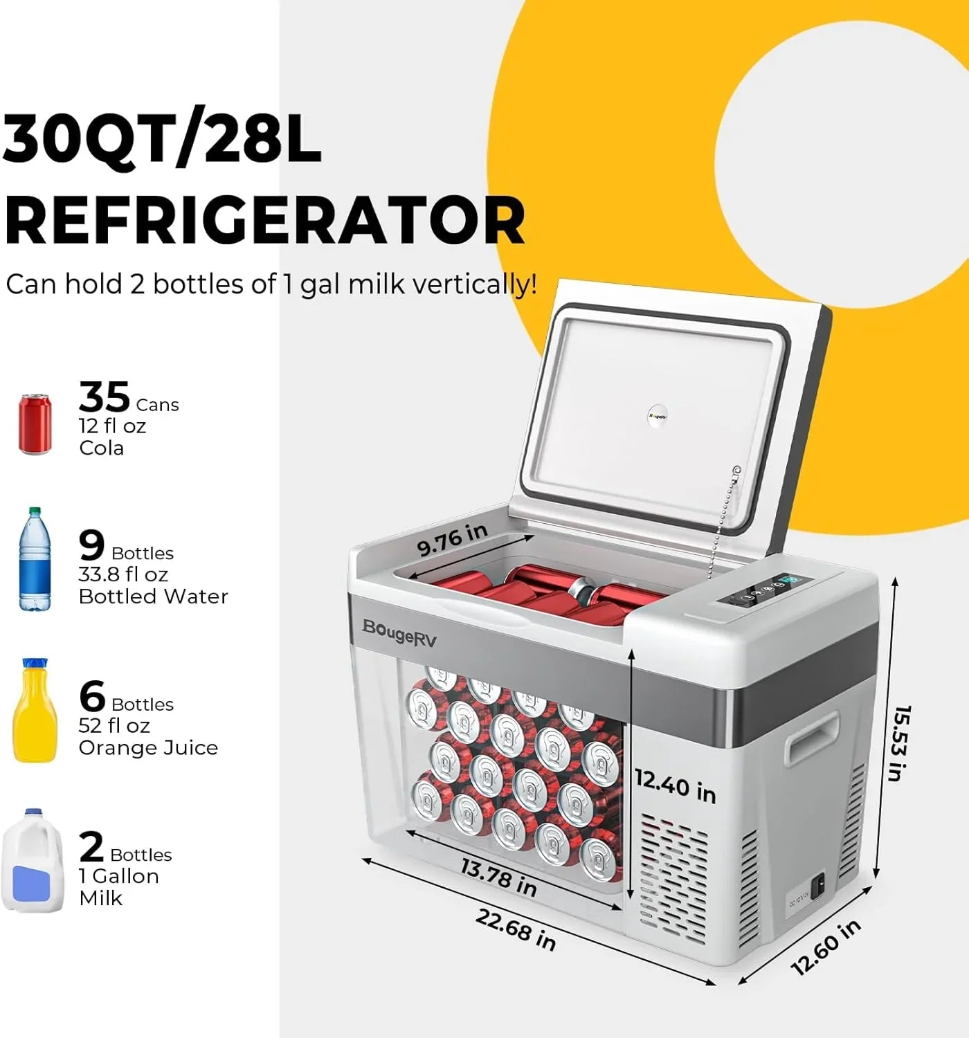 BougeRV 12 Volt Refrigerator 12V Car Fridge 23 Quart Portable Freezer Compressor Cooler