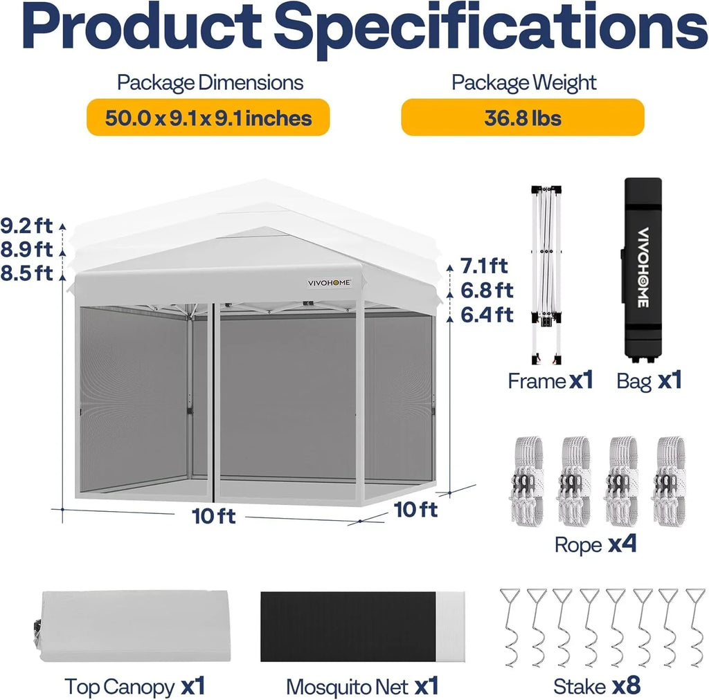 10x10ft Easy Pop-Up Canopy Outdoor Screen Tent with Mosquito Netting 2 Zipper Doors Roller Bag