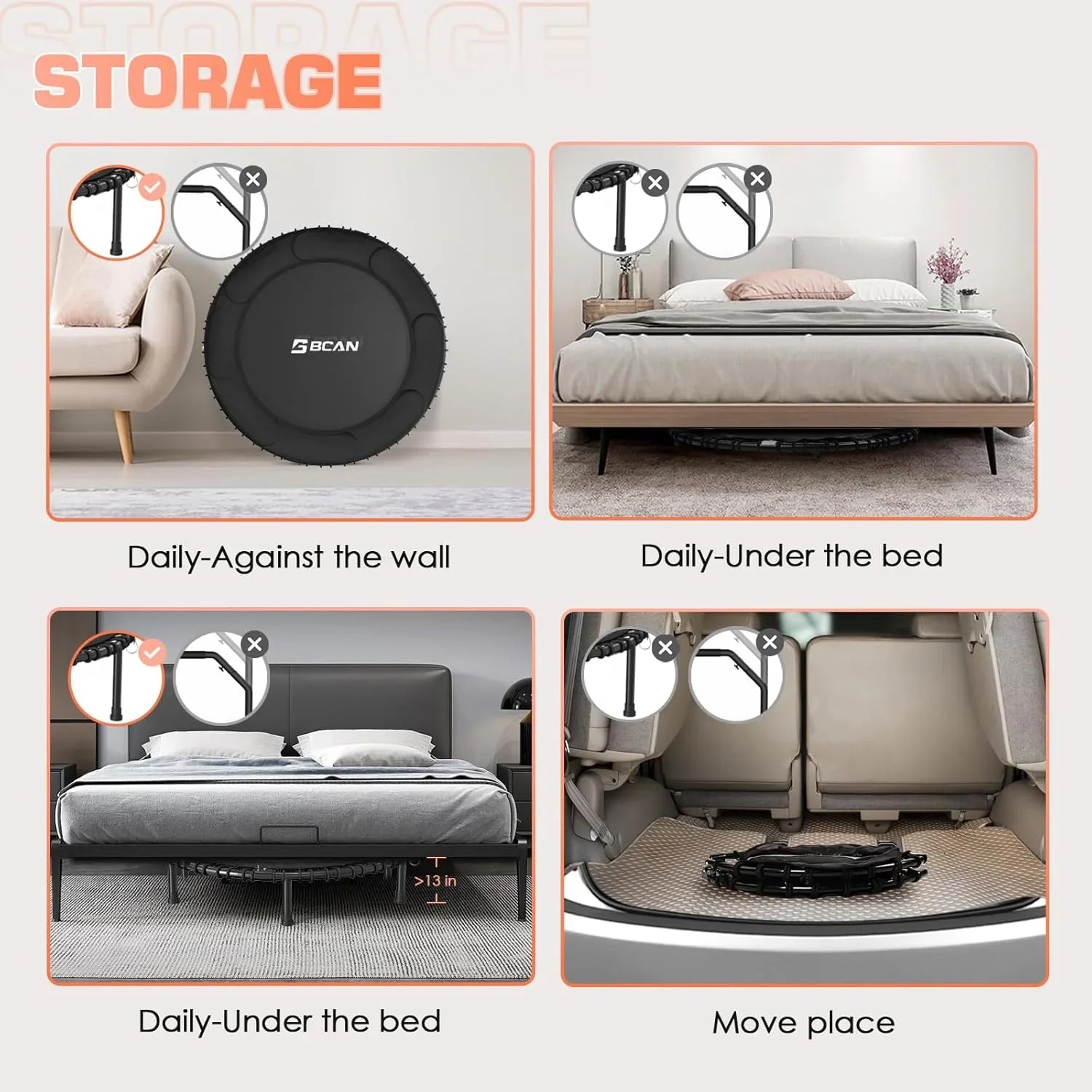 BCAN 450/550 LBS Foldable Mini Trampoline Fitness Trampoline Bungees Adjustable Foam Handle