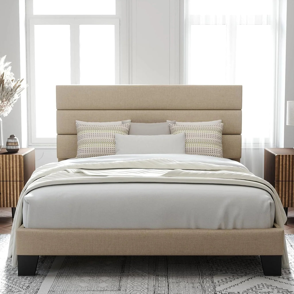 Allewie Queen Size Platform Bed Frame with Fabric Upholstered Headboard Wooden Slats Support