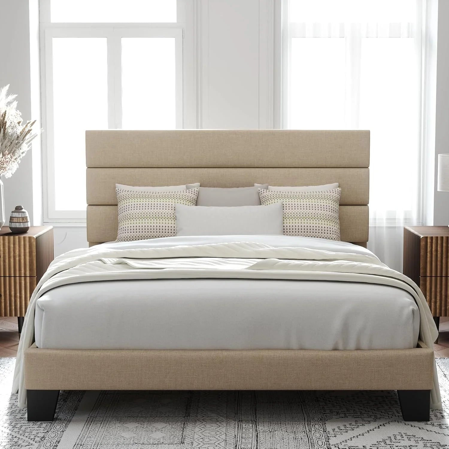 Allewie Queen Size Platform Bed Frame with Fabric Upholstered Headboard Wooden Slats Support