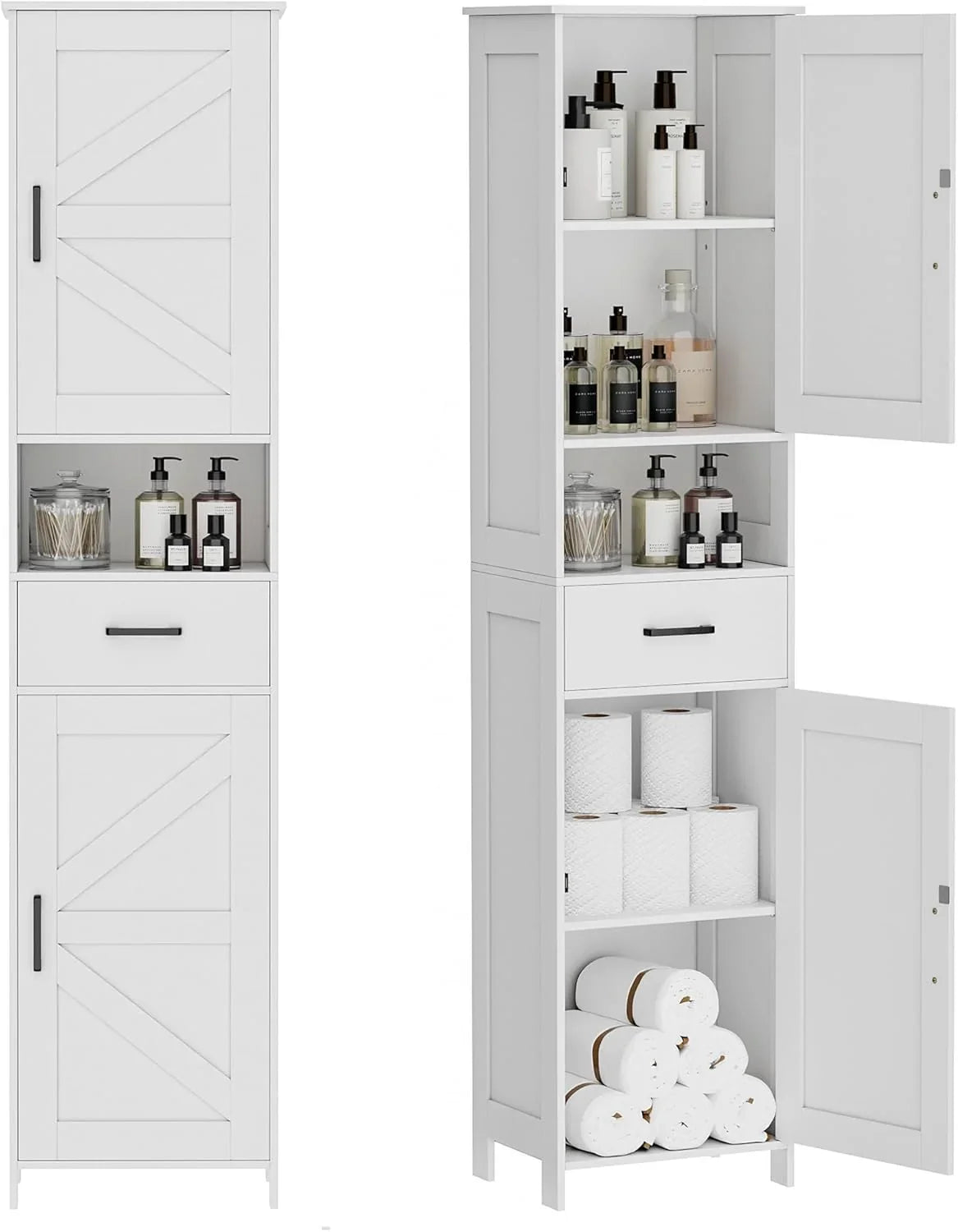 Homhedy 67" H Tall Bathroom Storage Cabinet with 2 Barn Doors and 1 Drawer Narrow Storage Unit