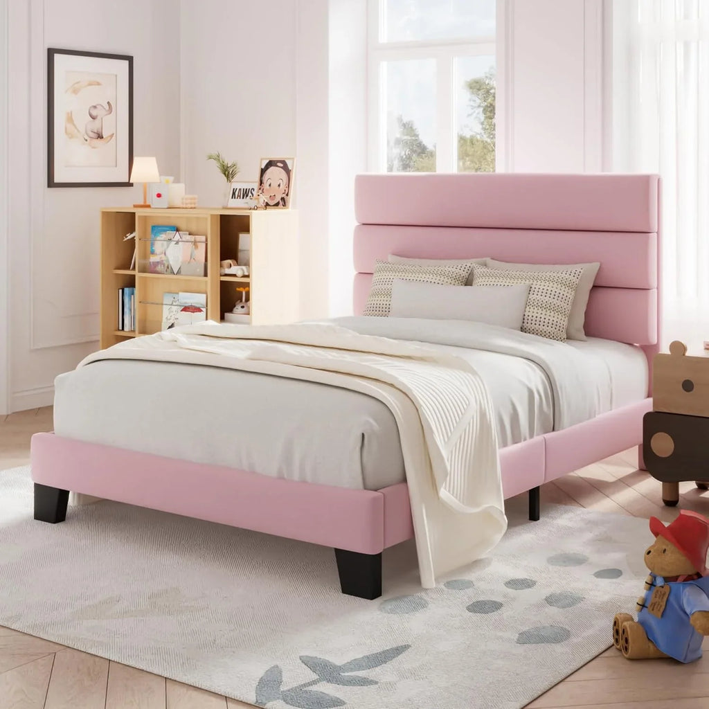 Allewie Queen Size Platform Bed Frame with Fabric Upholstered Headboard Wooden Slats Support