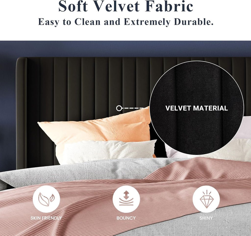 Allewie Full Size Velvet Bed Frame Vertical Channel Tufted Wingback Headboard Upholstered Bed