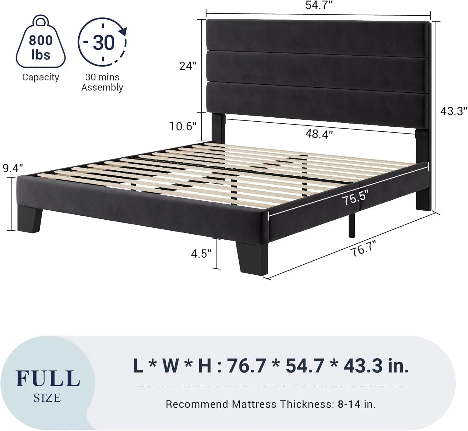 Allewie Queen Size Platform Bed Frame with Fabric Upholstered Headboard Wooden Slats Support