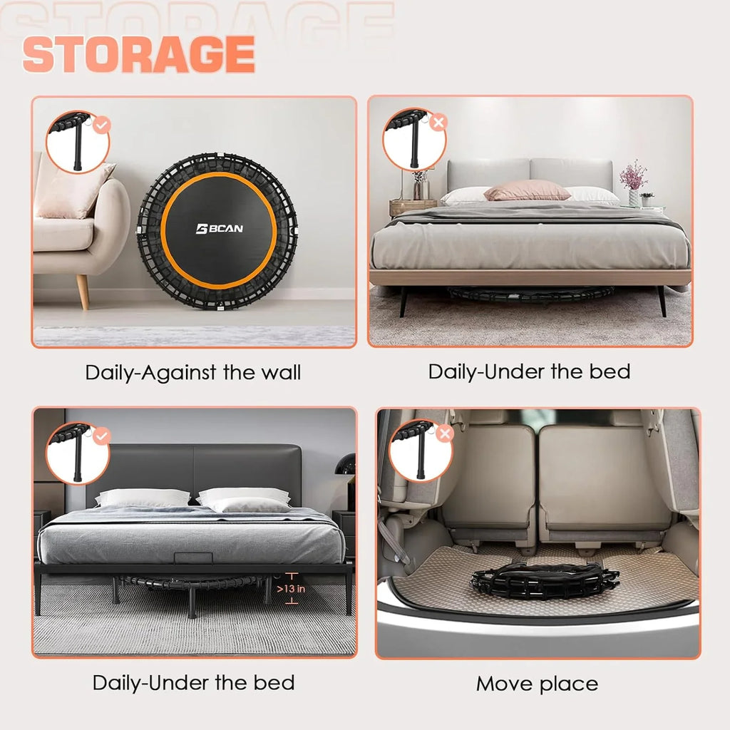 BCAN 450/550 LBS Foldable Mini Trampoline Fitness Trampoline Bungees Adjustable Foam Handle