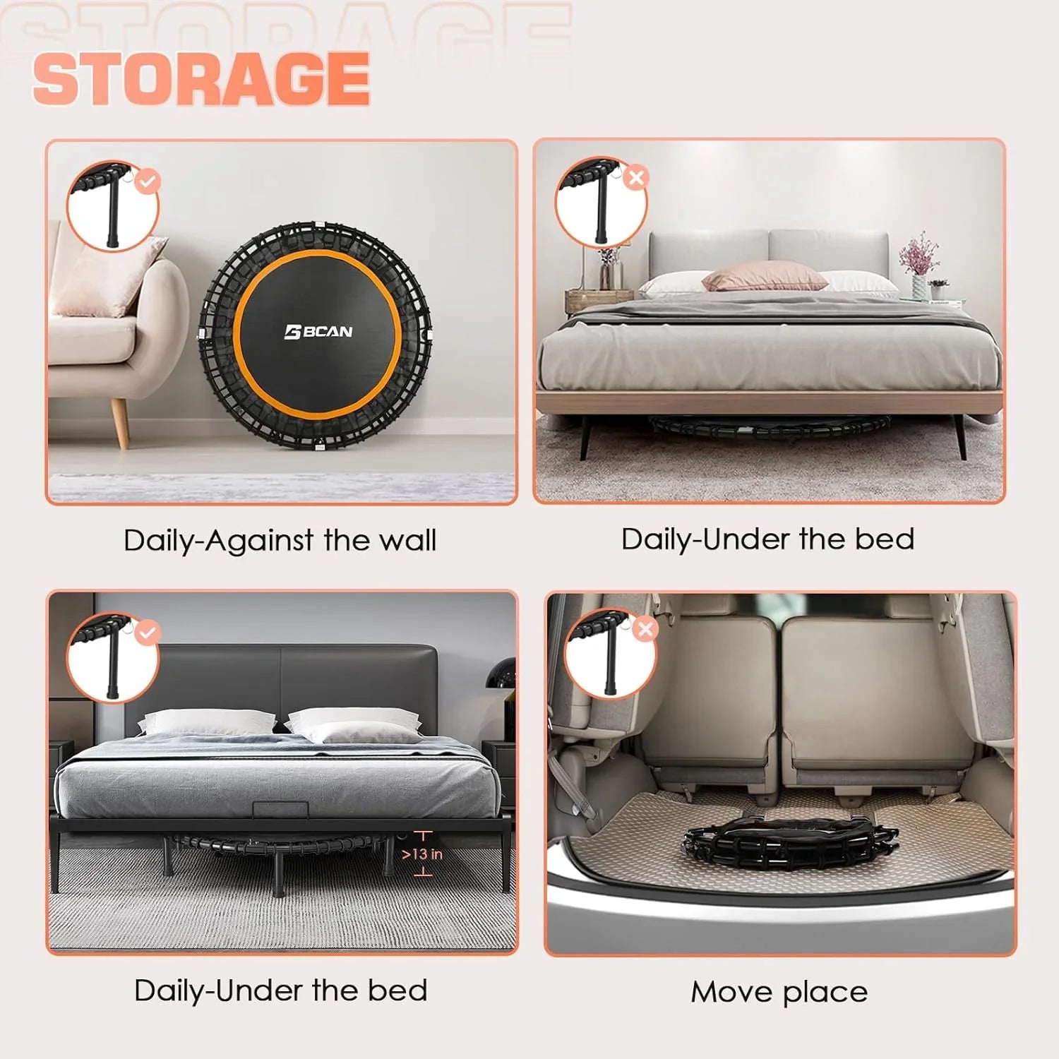 BCAN 450/550 LBS Foldable Mini Trampoline Fitness Trampoline Bungees Adjustable Foam Handle