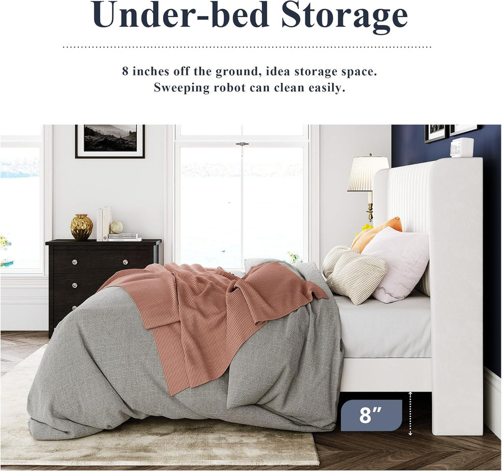 Allewie Full Size Velvet Bed Frame Vertical Channel Tufted Wingback Headboard Upholstered Bed