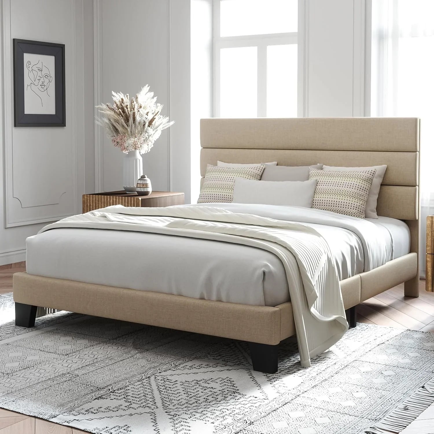 Allewie Queen Size Platform Bed Frame with Fabric Upholstered Headboard Wooden Slats Support