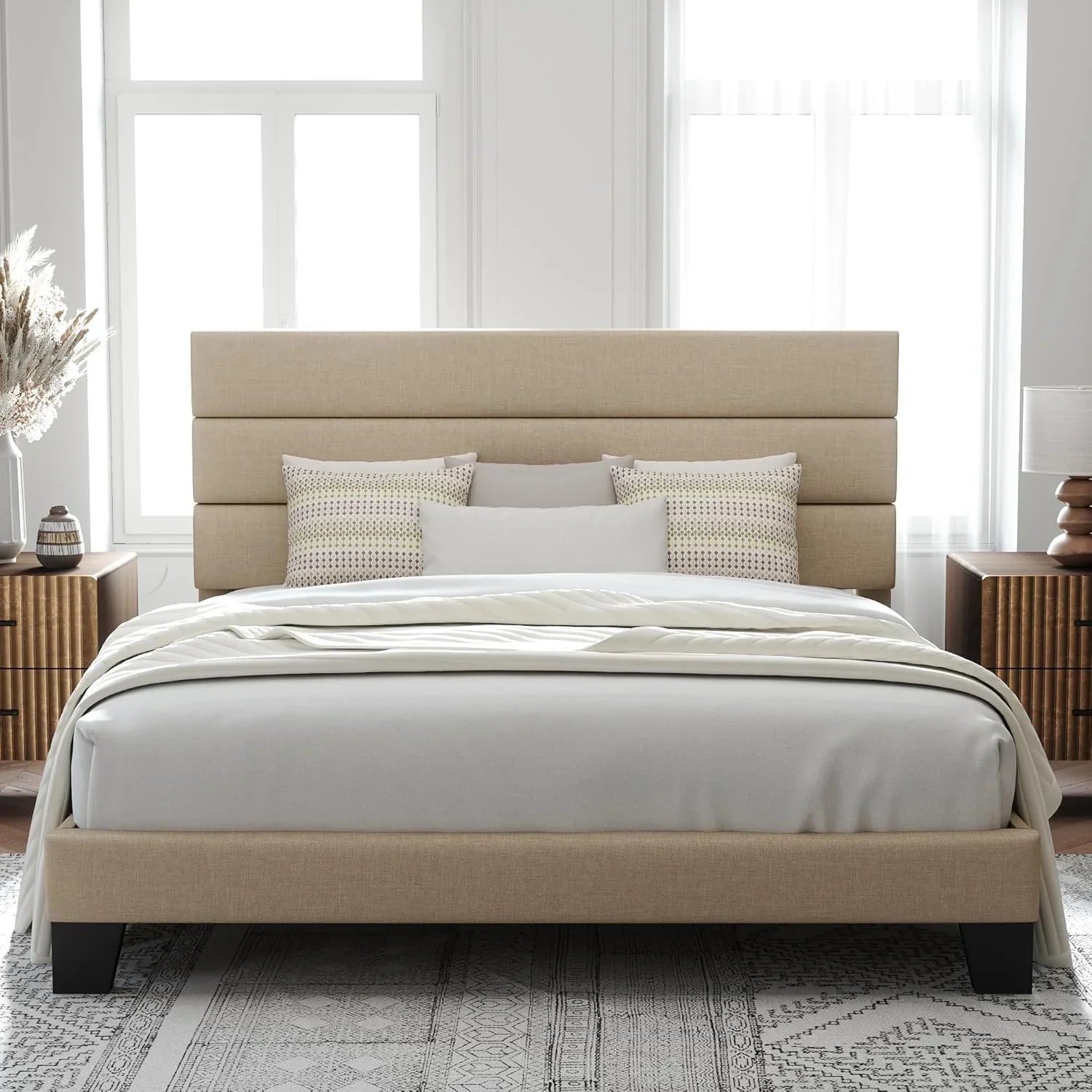 Allewie Queen Size Platform Bed Frame with Fabric Upholstered Headboard Wooden Slats Support