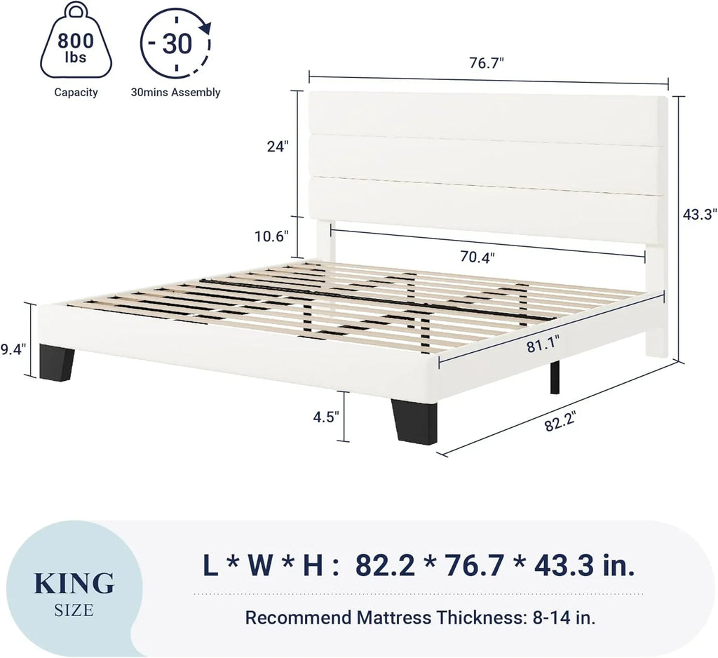 Allewie Queen Size Platform Bed Frame with Fabric Upholstered Headboard Wooden Slats Support