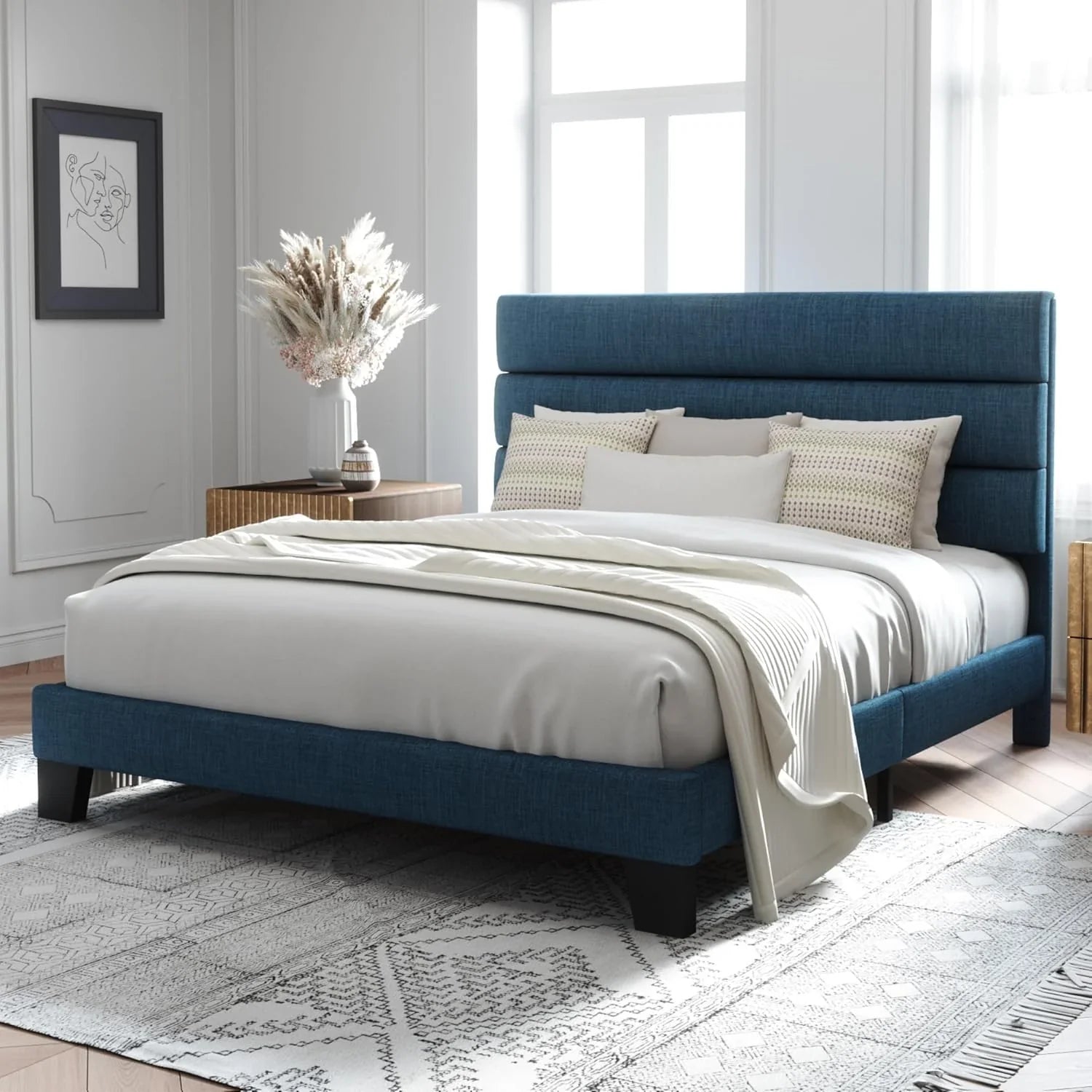 Allewie Queen Size Platform Bed Frame with Fabric Upholstered Headboard Wooden Slats Support