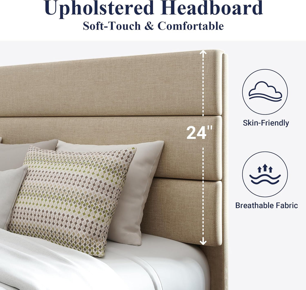Allewie Queen Size Platform Bed Frame with Fabric Upholstered Headboard Wooden Slats Support