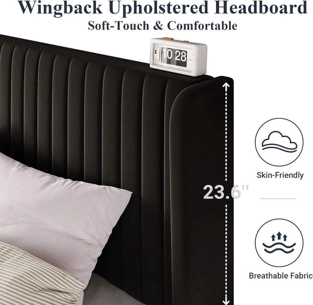 Allewie Full Size Velvet Bed Frame Vertical Channel Tufted Wingback Headboard Upholstered Bed