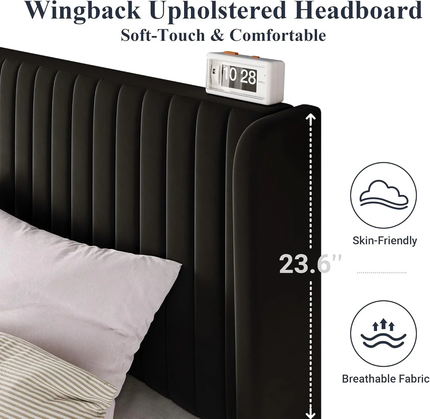 Allewie Full Size Velvet Bed Frame Vertical Channel Tufted Wingback Headboard Upholstered Bed