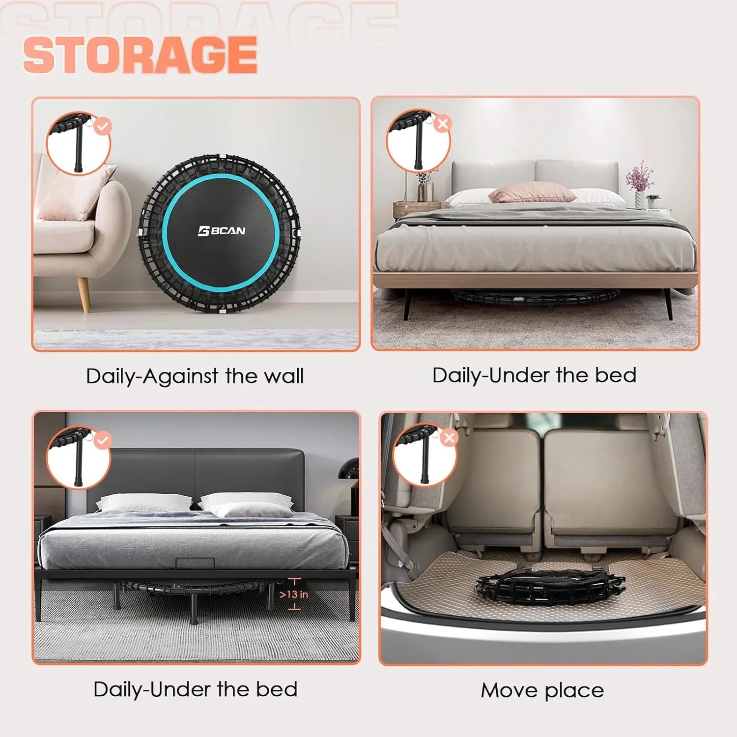 BCAN 450/550 LBS Foldable Mini Trampoline Fitness Trampoline Bungees Adjustable Foam Handle