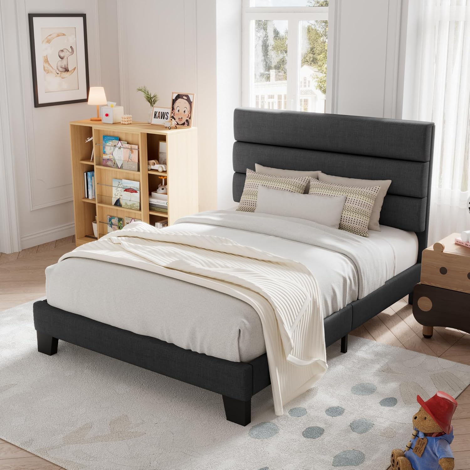 Allewie Queen Size Platform Bed Frame with Fabric Upholstered Headboard Wooden Slats Support