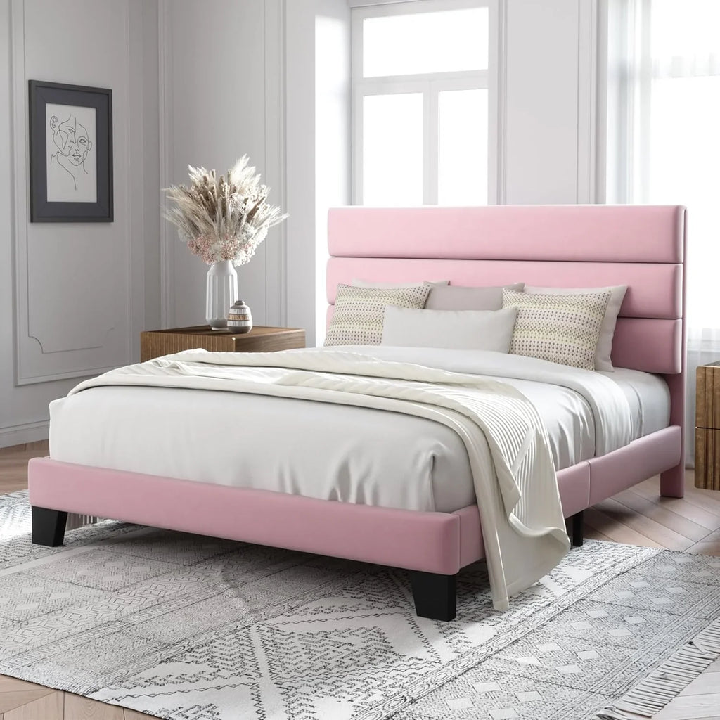 Allewie Queen Size Platform Bed Frame with Fabric Upholstered Headboard Wooden Slats Support