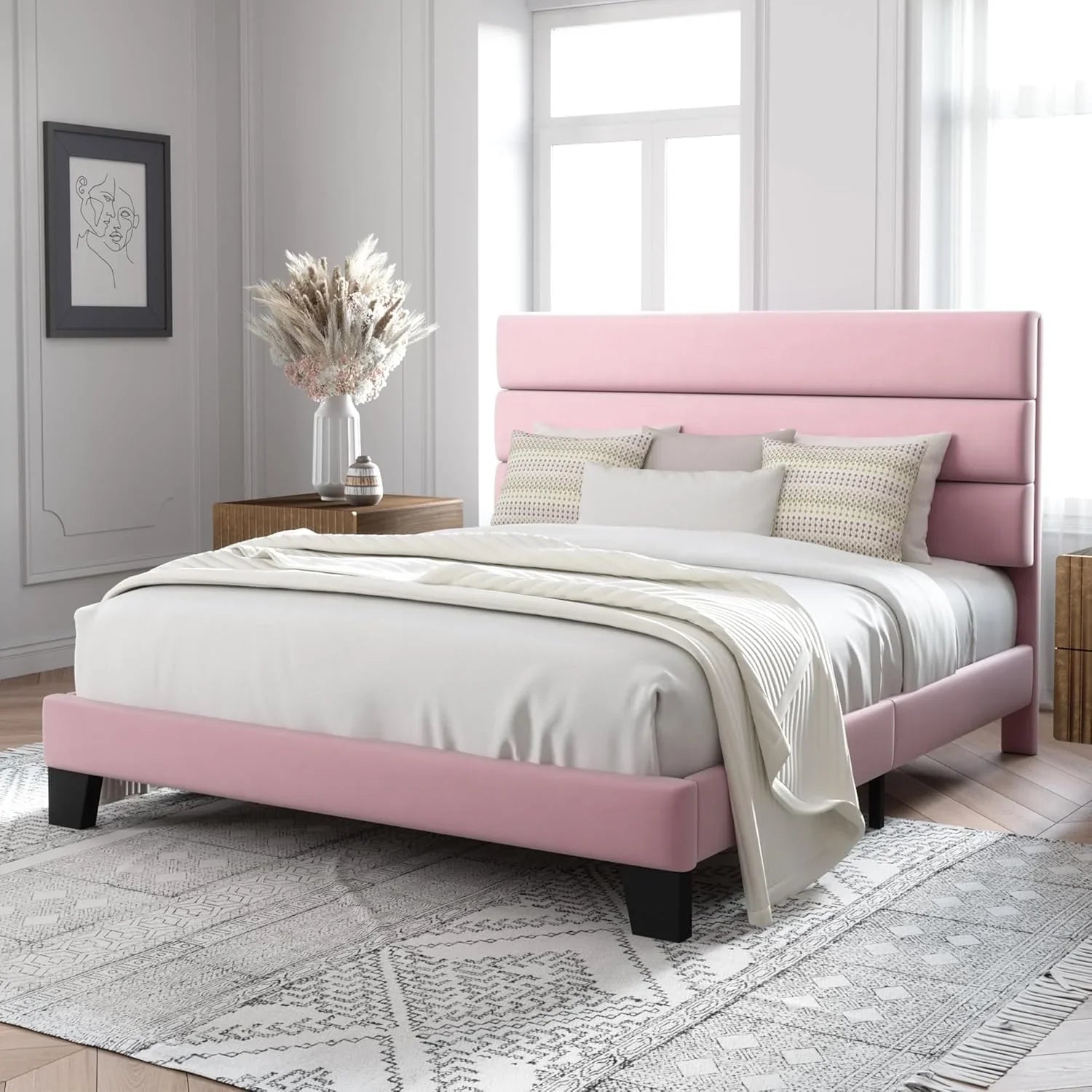 Allewie Queen Size Platform Bed Frame with Fabric Upholstered Headboard Wooden Slats Support