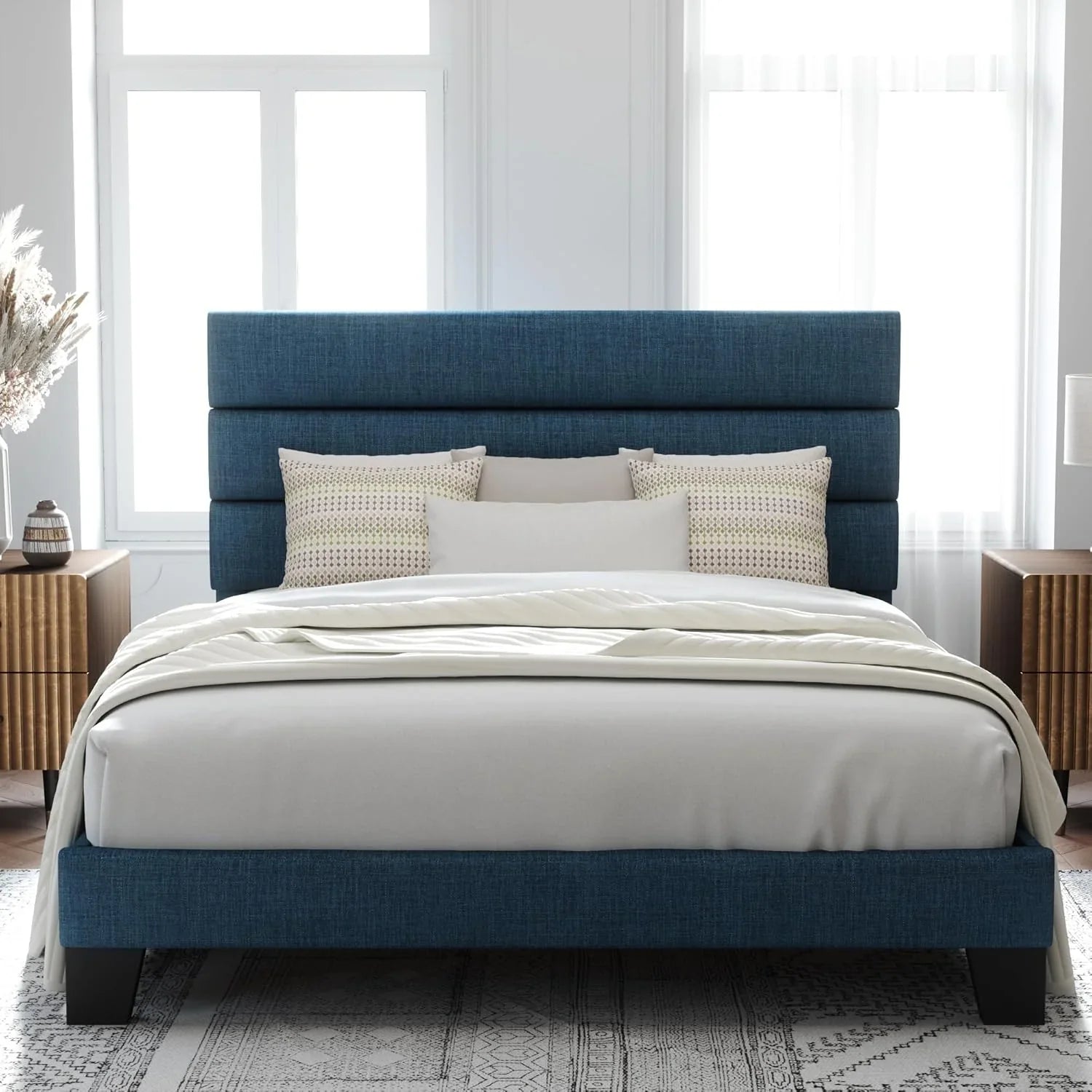 Allewie Queen Size Platform Bed Frame with Fabric Upholstered Headboard Wooden Slats Support