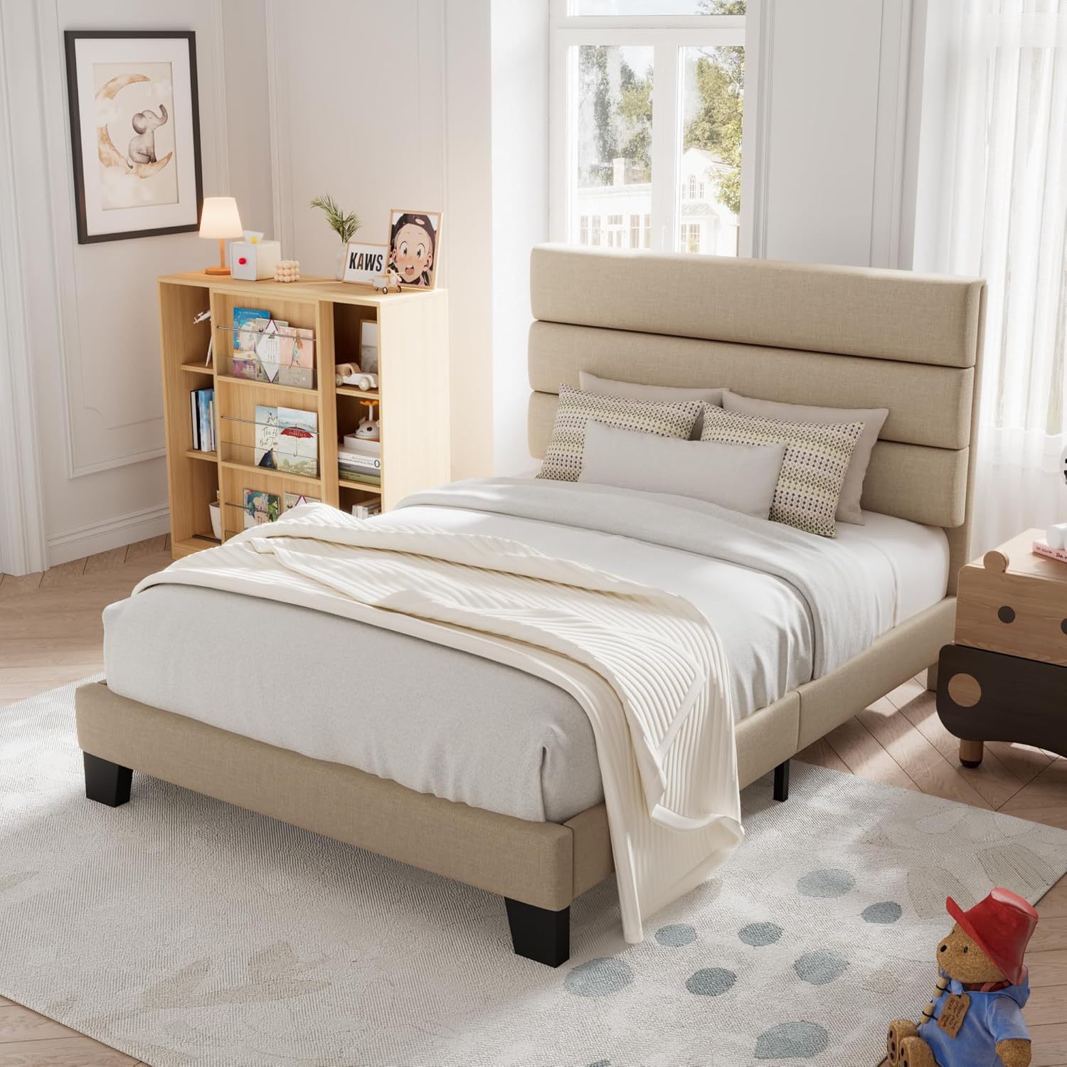 Allewie Queen Size Platform Bed Frame with Fabric Upholstered Headboard Wooden Slats Support