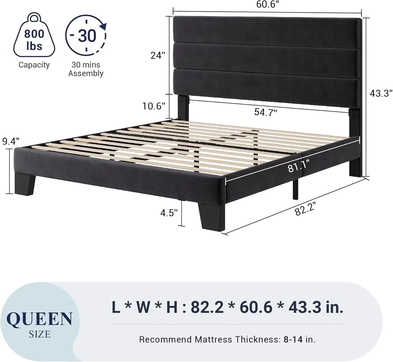 Allewie Queen Size Platform Bed Frame with Fabric Upholstered Headboard Wooden Slats Support