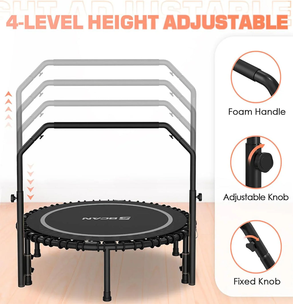 BCAN 450/550 LBS Foldable Mini Trampoline Fitness Trampoline Bungees Adjustable Foam Handle