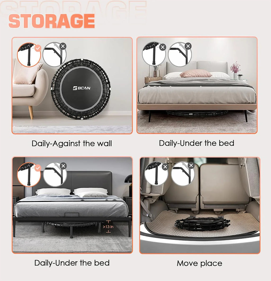 BCAN 450/550 LBS Foldable Mini Trampoline Fitness Trampoline Bungees Adjustable Foam Handle