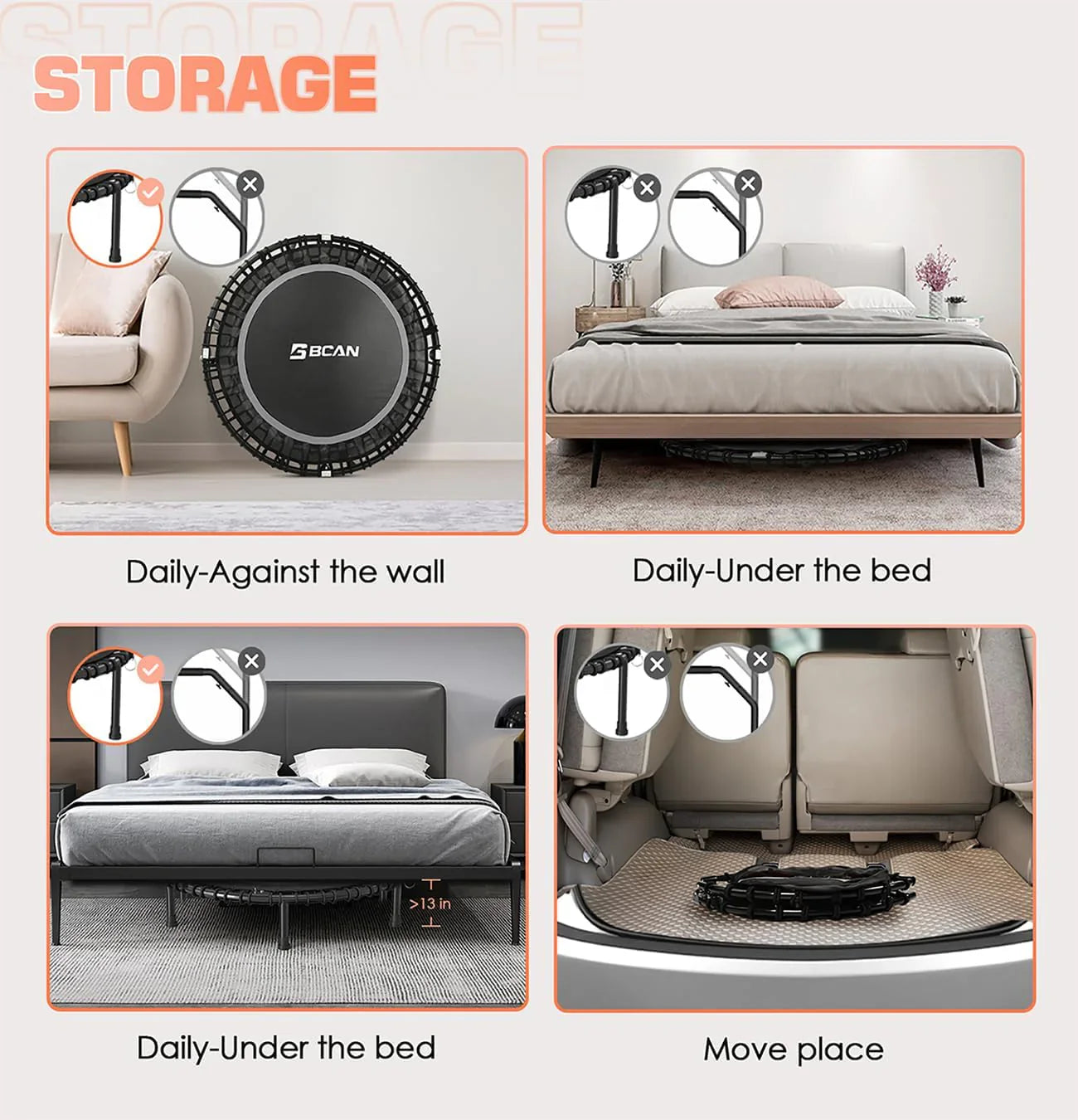 BCAN 450/550 LBS Foldable Mini Trampoline Fitness Trampoline Bungees Adjustable Foam Handle