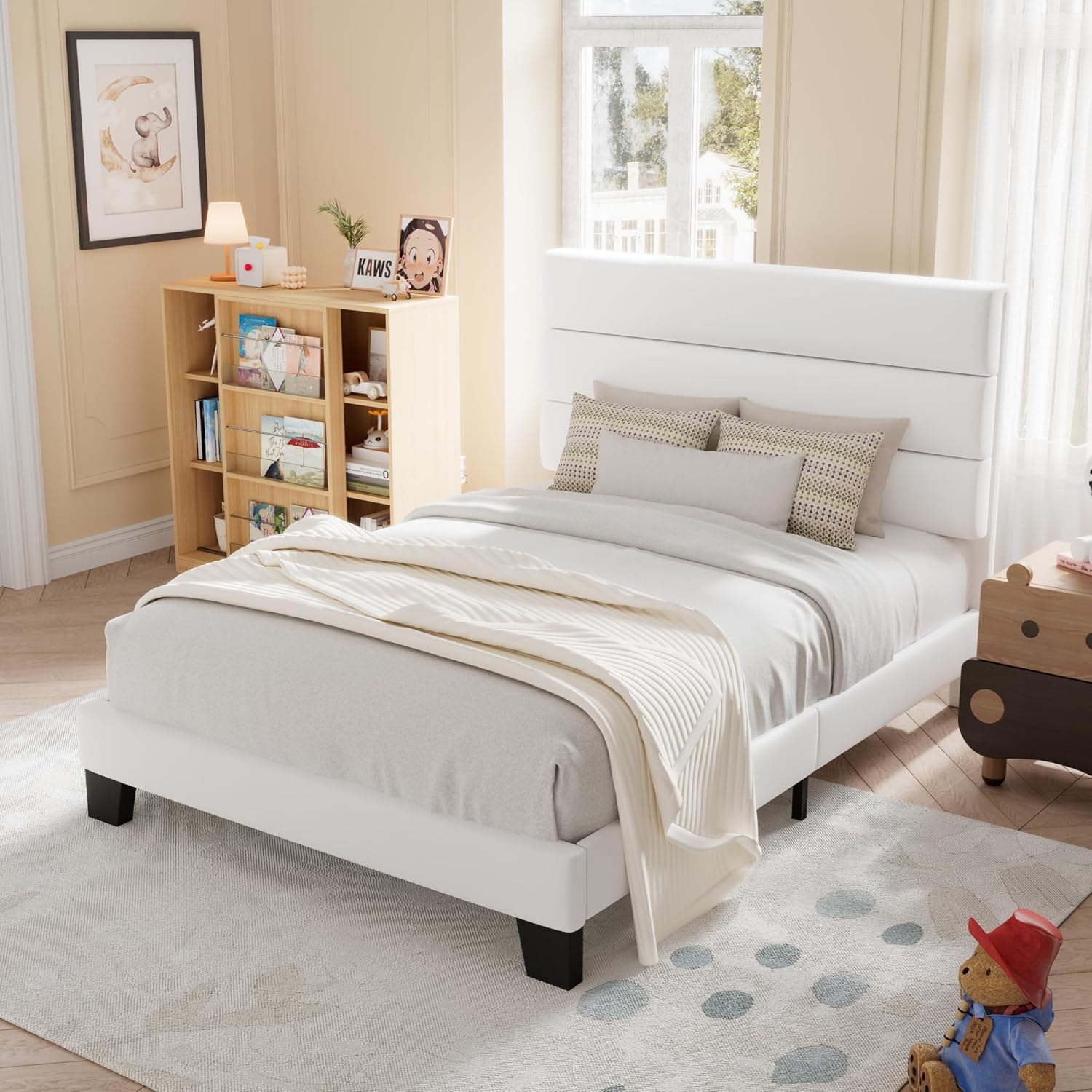 Allewie Queen Size Platform Bed Frame with Fabric Upholstered Headboard Wooden Slats Support