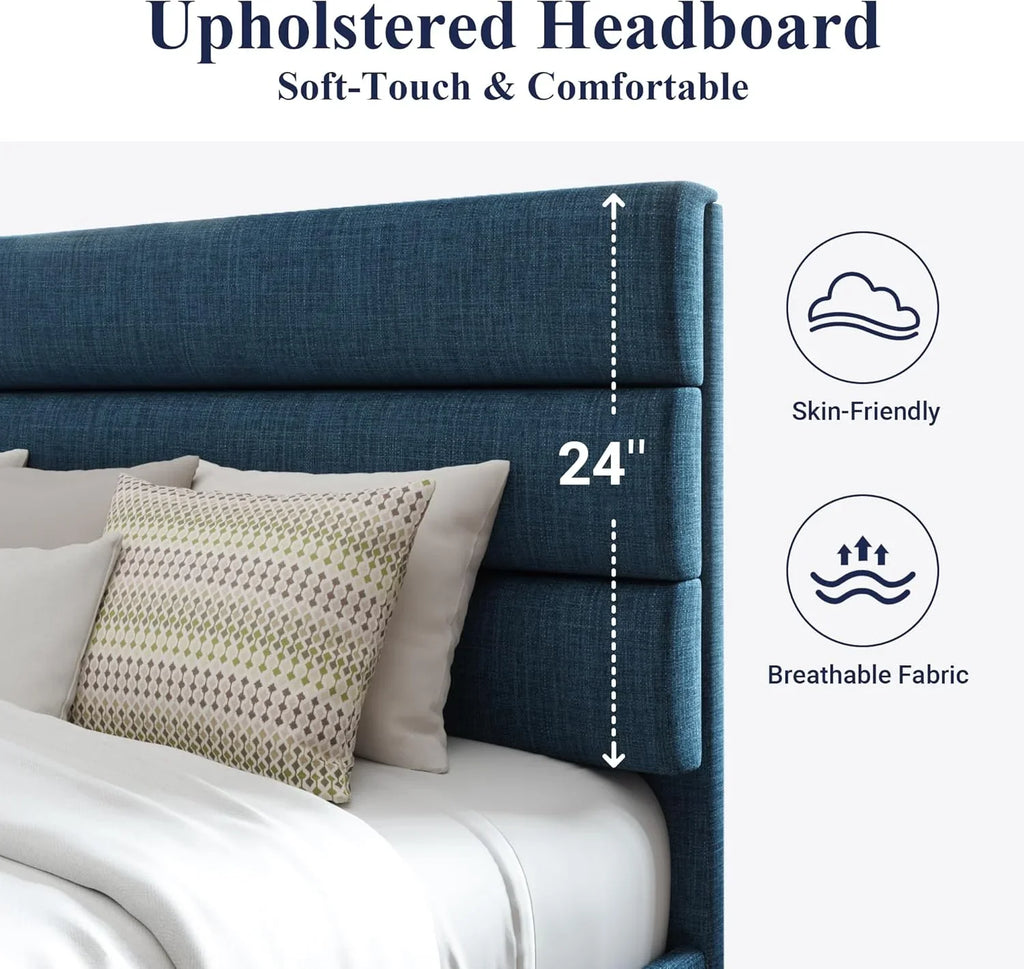 Allewie Queen Size Platform Bed Frame with Fabric Upholstered Headboard Wooden Slats Support