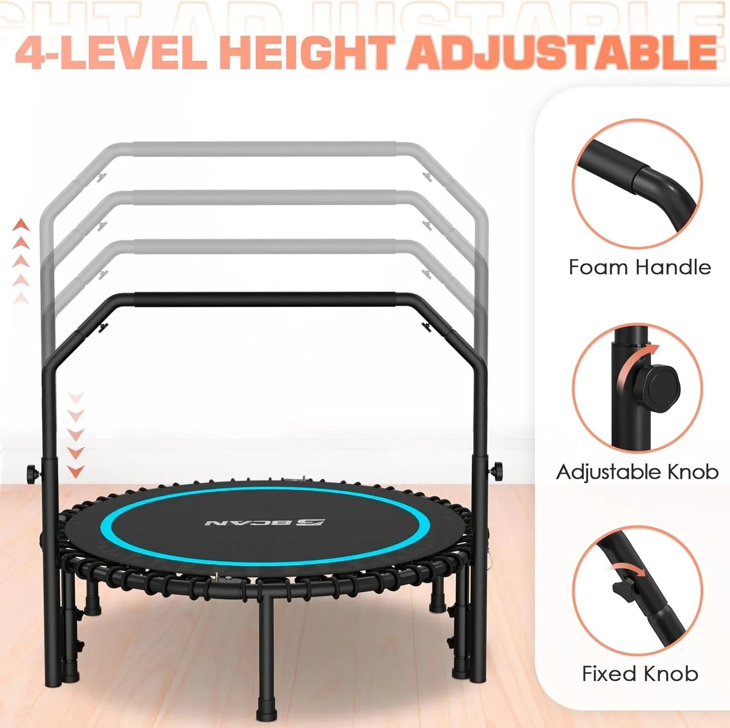 BCAN 450/550 LBS Foldable Mini Trampoline Fitness Trampoline Bungees Adjustable Foam Handle